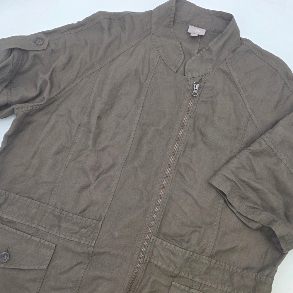 J JILL UTILITY LINEN JACKET WOMENS XL BROWN FULL ZIP BUTTON ROLL SLEEVES POCKETS